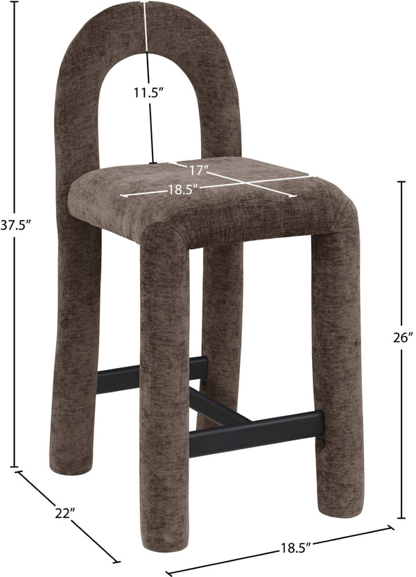 Meridian Furniture Amari Sculptural Open Back Upholstered Counter Stool for Stylish Kitchen Island Seating Brown Chenille Fabric 11062Brown-C