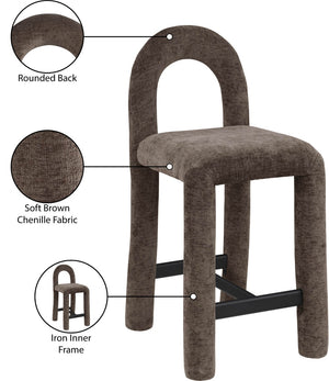 Meridian Furniture Amari Sculptural Open Back Upholstered Counter Stool for Stylish Kitchen Island Seating Brown Chenille Fabric 11062Brown-C