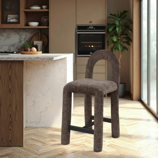 Meridian Furniture Amari Sculptural Open Back Upholstered Counter Stool for Stylish Kitchen Island Seating Brown Chenille Fabric 11062Brown-C