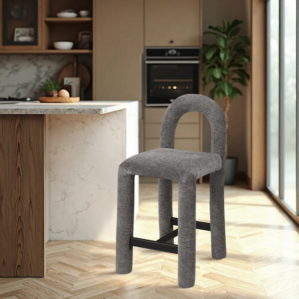 Meridian Furniture Amari Sculptural Open Back Upholstered Counter Stool for Stylish Kitchen Island Seating Grey Chenille Fabric 11062Grey-C