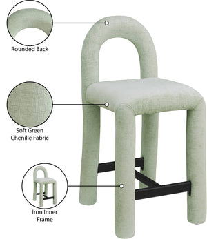 Meridian Furniture Amari Sculptural Open Back Upholstered Counter Stool for Stylish Kitchen Island Seating Mint Chenille Fabric 11062Mint-C