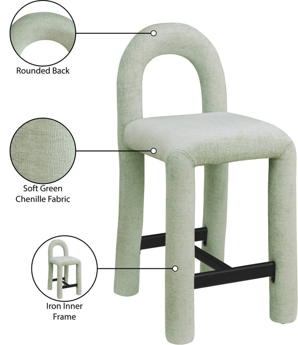 Meridian Furniture Amari Sculptural Open Back Upholstered Counter Stool for Stylish Kitchen Island Seating Mint Chenille Fabric 11062Mint-C