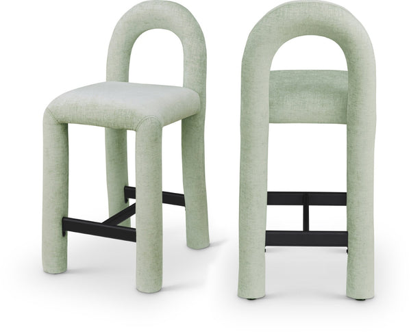 Meridian Furniture Amari Sculptural Open Back Upholstered Counter Stool for Stylish Kitchen Island Seating Mint Chenille Fabric 11062Mint-C