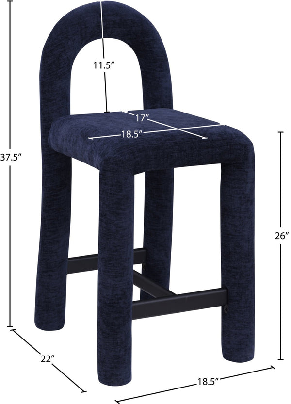 Meridian Furniture Amari Sculptural Open Back Upholstered Counter Stool for Stylish Kitchen Island Seating Navy Chenille Fabric 11062Navy-C