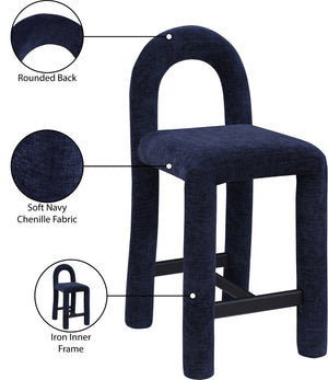 Meridian Furniture Amari Sculptural Open Back Upholstered Counter Stool for Stylish Kitchen Island Seating Navy Chenille Fabric 11062Navy-C