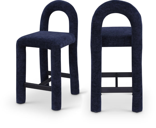 Meridian Furniture Amari Sculptural Open Back Upholstered Counter Stool for Stylish Kitchen Island Seating Navy Chenille Fabric 11062Navy-C