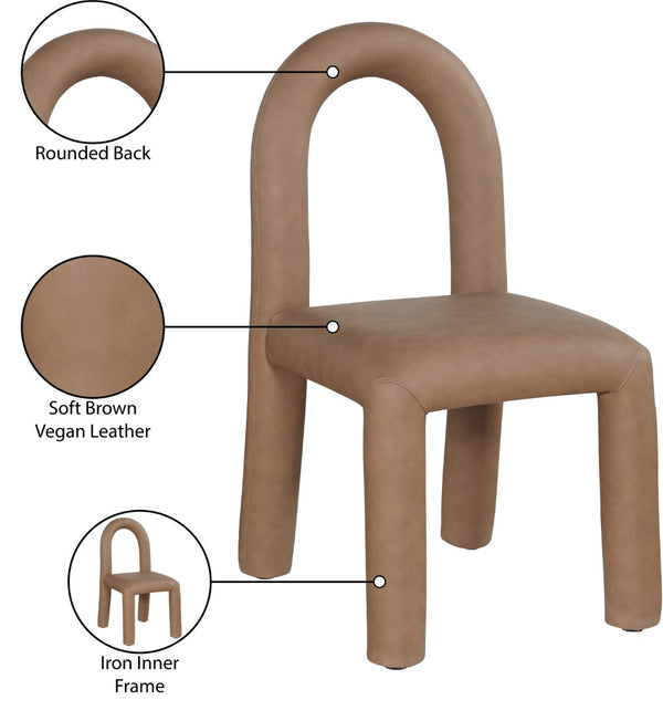 Meridian Furniture Amari Sculptural Open Back Dining Chair with Iron Frame and Plush Upholstery for Modern Brown Vegan Leather 11063Brown-C