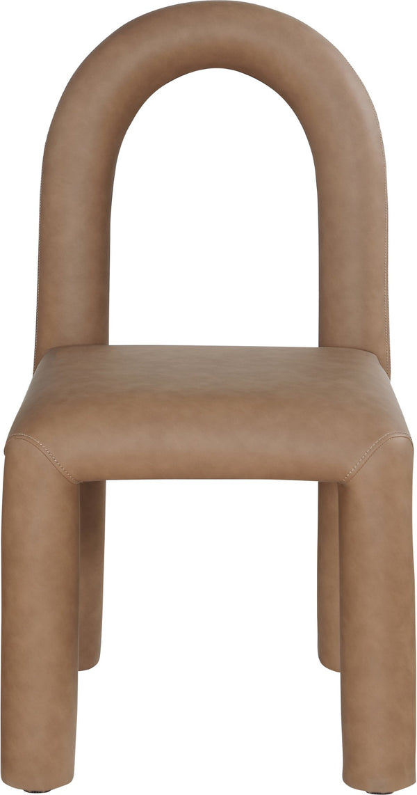 Meridian Furniture Amari Sculptural Open Back Dining Chair with Iron Frame and Plush Upholstery for Modern Brown Vegan Leather 11063Brown-C