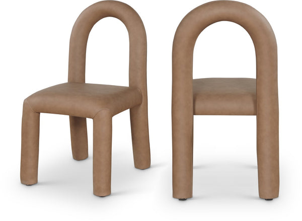 Meridian Furniture Amari Sculptural Open Back Dining Chair with Iron Frame and Plush Upholstery for Modern Brown Vegan Leather 11063Brown-C