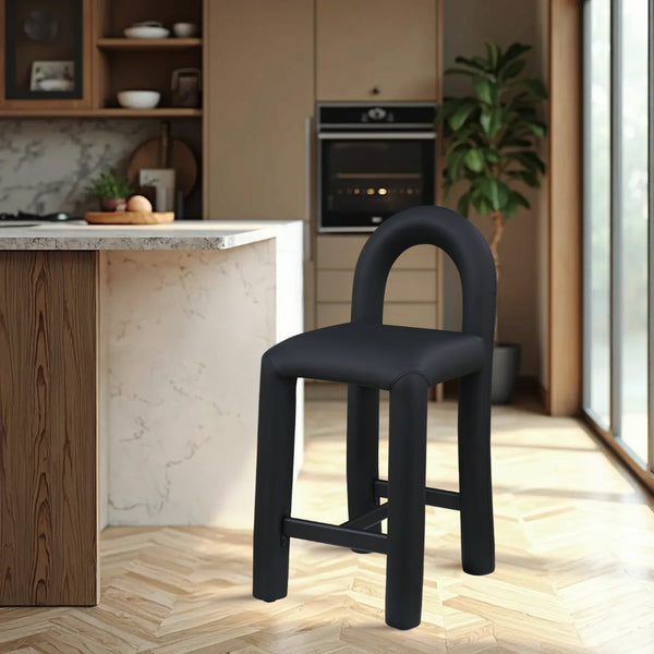 Meridian Furniture Amari Sculptural Open Back Upholstered Counter Stool for Stylish Kitchen Island Seating Black Vegan Leather 11064Black-C