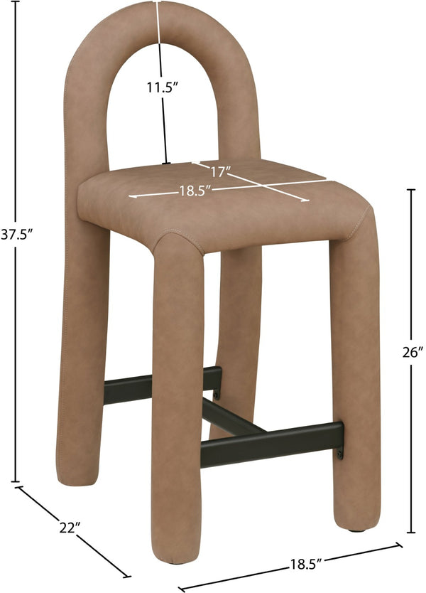 Meridian Furniture Amari Sculptural Open Back Upholstered Counter Stool for Stylish Kitchen Island Seating Brown Vegan Leather 11064Brown-C