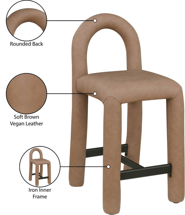 Meridian Furniture Amari Sculptural Open Back Upholstered Counter Stool for Stylish Kitchen Island Seating Brown Vegan Leather 11064Brown-C