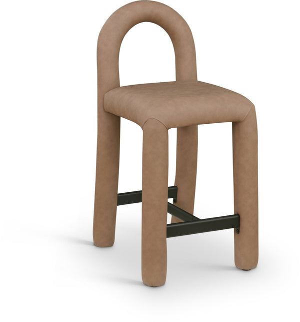 Meridian Furniture Amari Sculptural Open Back Upholstered Counter Stool for Stylish Kitchen Island Seating Brown Vegan Leather 11064Brown-C