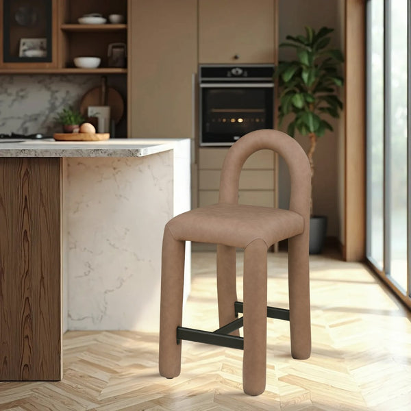 Meridian Furniture Amari Sculptural Open Back Upholstered Counter Stool for Stylish Kitchen Island Seating Brown Vegan Leather 11064Brown-C