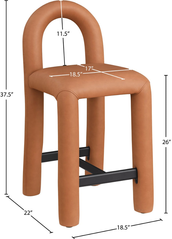 Meridian Furniture Amari Sculptural Open Back Upholstered Counter Stool for Stylish Kitchen Island Seating Cognac Vegan Leather 11064Cognac-C