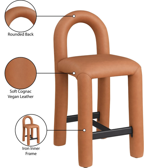 Meridian Furniture Amari Sculptural Open Back Upholstered Counter Stool for Stylish Kitchen Island Seating Cognac Vegan Leather 11064Cognac-C