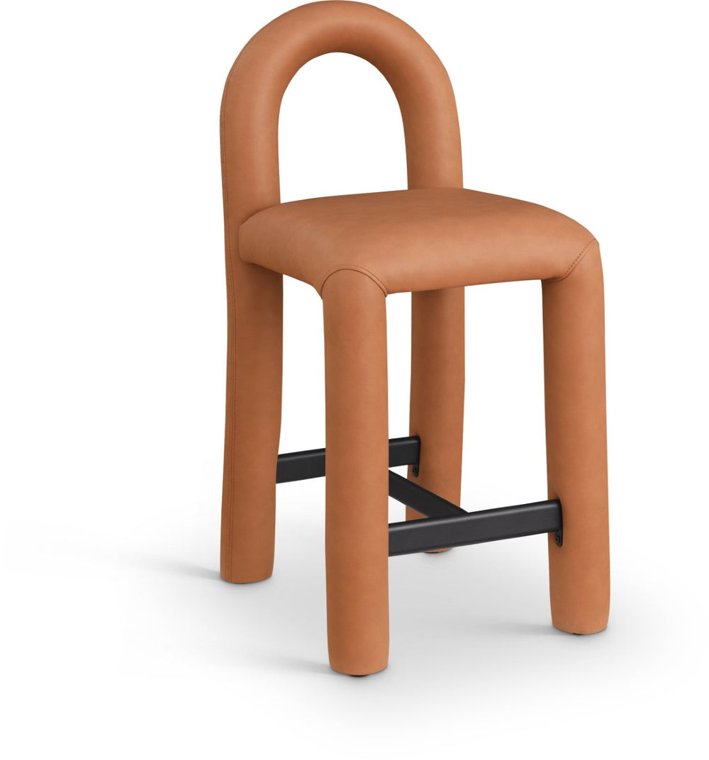 Meridian Furniture Amari Sculptural Open Back Upholstered Counter Stool for Stylish Kitchen Island Seating Cognac Vegan Leather 11064Cognac-C