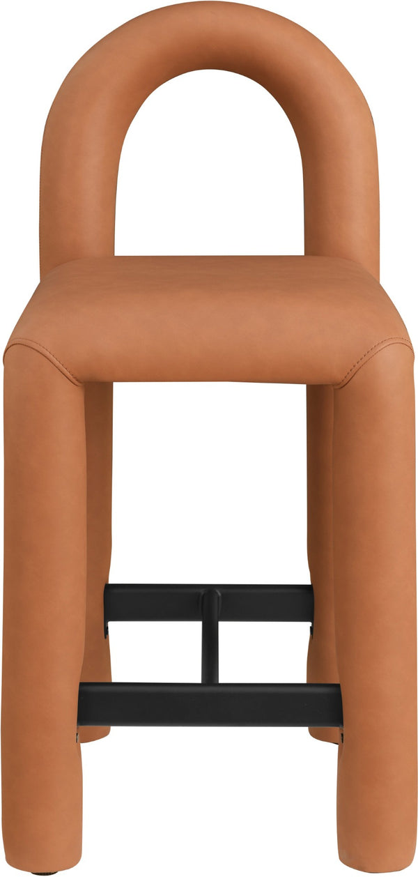 Meridian Furniture Amari Sculptural Open Back Upholstered Counter Stool for Stylish Kitchen Island Seating Cognac Vegan Leather 11064Cognac-C