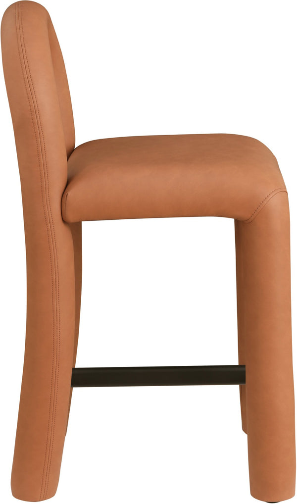 Meridian Furniture Amari Sculptural Open Back Upholstered Counter Stool for Stylish Kitchen Island Seating Cognac Vegan Leather 11064Cognac-C