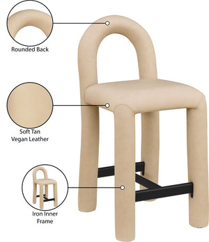 Meridian Furniture Amari Sculptural Open Back Upholstered Counter Stool for Stylish Kitchen Island Seating Tan Vegan Leather 11064Tan-C