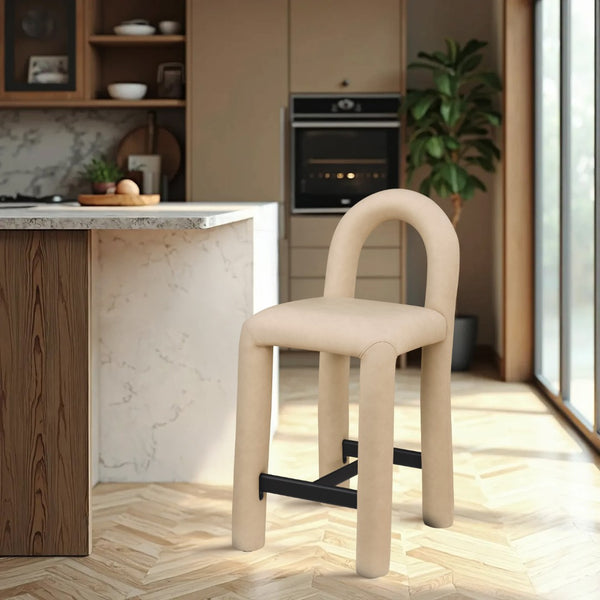Meridian Furniture Amari Sculptural Open Back Upholstered Counter Stool for Stylish Kitchen Island Seating Tan Vegan Leather 11064Tan-C