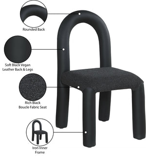 Meridian Furniture Amari Sculptural Open Back Dining Chair with Iron Frame and Plush Upholstery for Modern Black Vegan Leather & Boucle Fabric 11065Black-C