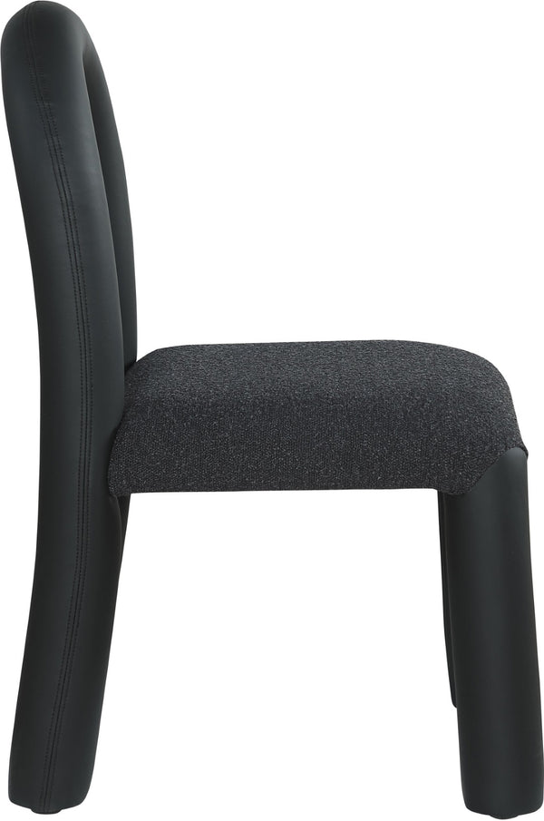 Meridian Furniture Amari Sculptural Open Back Dining Chair with Iron Frame and Plush Upholstery for Modern Black Vegan Leather & Boucle Fabric 11065Black-C