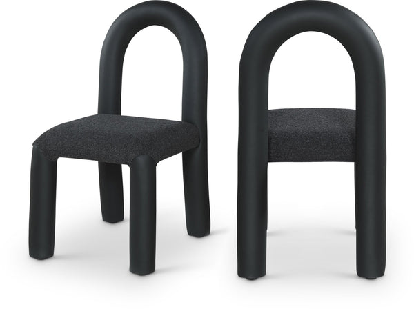 Meridian Furniture Amari Sculptural Open Back Dining Chair with Iron Frame and Plush Upholstery for Modern Black Vegan Leather & Boucle Fabric 11065Black-C
