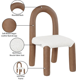 Meridian Furniture Amari Sculptural Open Back Dining Chair with Iron Frame and Plush Upholstery for Modern Brown Vegan Leather & Boucle Fabric 11065Brown-C