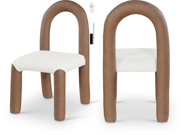 Meridian Furniture Amari Sculptural Open Back Dining Chair with Iron Frame and Plush Upholstery for Modern Brown Vegan Leather & Boucle Fabric 11065Brown-C