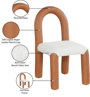 Meridian Furniture Amari Sculptural Open Back Dining Chair with Iron Frame and Plush Upholstery for Modern Cognac Vegan Leather & Boucle Fabric 11065Cognac-C