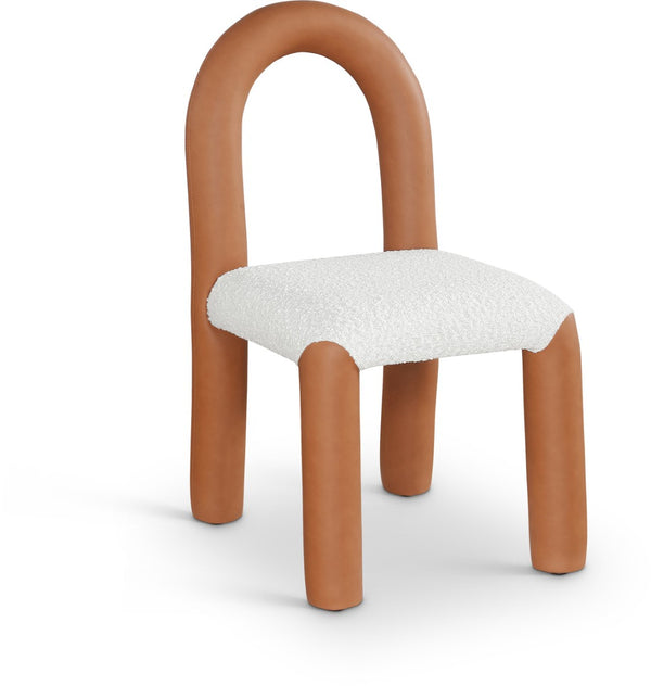Meridian Furniture Amari Sculptural Open Back Dining Chair with Iron Frame and Plush Upholstery for Modern Cognac Vegan Leather & Boucle Fabric 11065Cognac-C