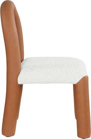 Meridian Furniture Amari Sculptural Open Back Dining Chair with Iron Frame and Plush Upholstery for Modern Cognac Vegan Leather & Boucle Fabric 11065Cognac-C