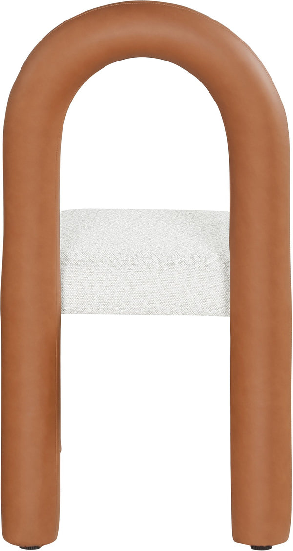 Meridian Furniture Amari Sculptural Open Back Dining Chair with Iron Frame and Plush Upholstery for Modern Cognac Vegan Leather & Boucle Fabric 11065Cognac-C