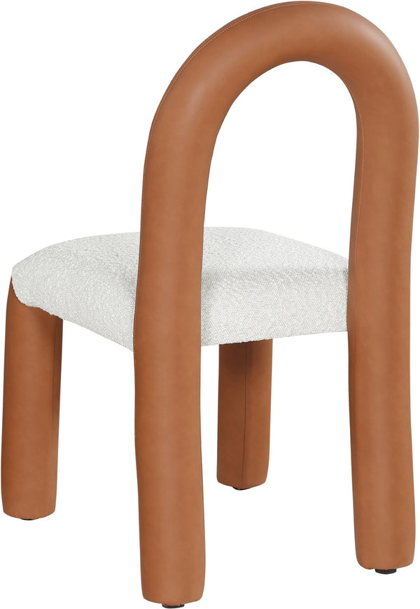 Meridian Furniture Amari Sculptural Open Back Dining Chair with Iron Frame and Plush Upholstery for Modern Cognac Vegan Leather & Boucle Fabric 11065Cognac-C