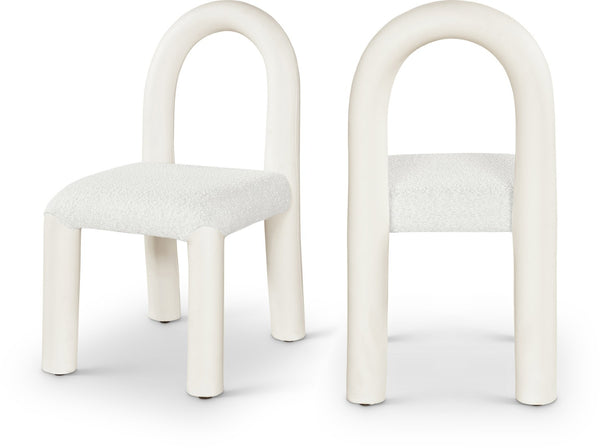 Meridian Furniture Amari Sculptural Open Back Dining Chair with Iron Frame and Plush Upholstery for Modern Cream Vegan Leather & Boucle Fabric 11065Cream-C