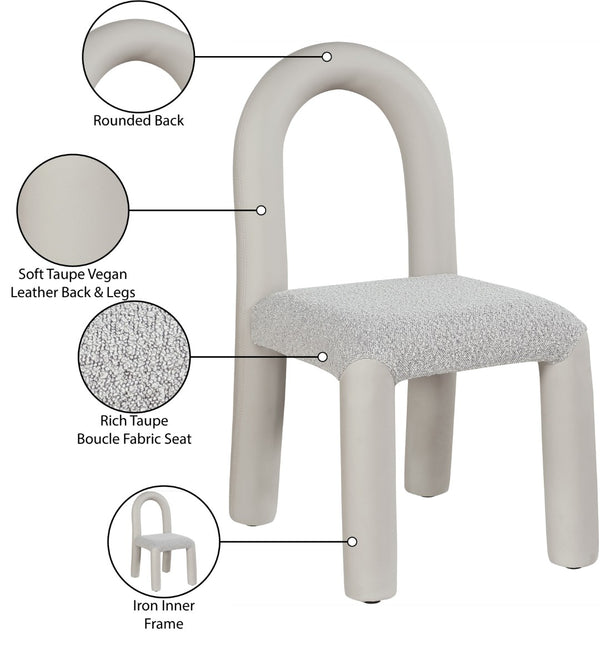 Meridian Furniture Amari Sculptural Open Back Dining Chair with Iron Frame and Plush Upholstery for Modern Taupe Vegan Leather & Boucle Fabric 11065Taupe-C