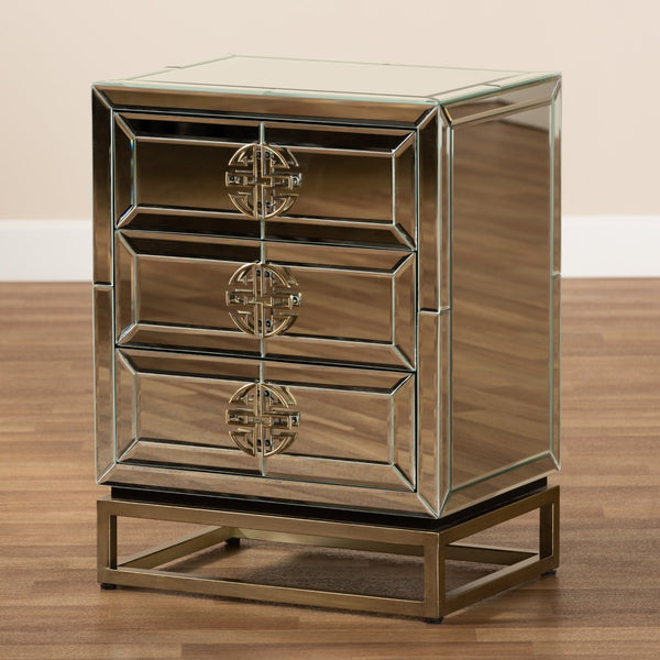 Baxton Studio Baxton Studio Laken Luxe Mirrored End Table with Antique Bronze Base - Glam Storage for Living Room RXF-2222-ET