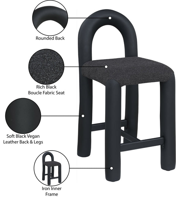 Meridian Furniture Amari Sculptural Open Back Upholstered Counter Stool for Stylish Kitchen Island Seating Black Vegan Leather & Boucle Fabric 11066Black-C