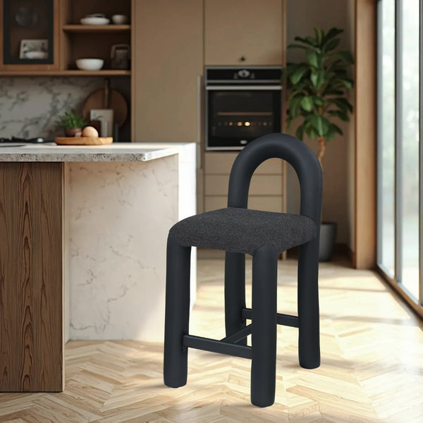 Meridian Furniture Amari Sculptural Open Back Upholstered Counter Stool for Stylish Kitchen Island Seating Black Vegan Leather & Boucle Fabric 11066Black-C