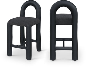 Meridian Furniture Amari Sculptural Open Back Upholstered Counter Stool for Stylish Kitchen Island Seating Black Vegan Leather & Boucle Fabric 11066Black-C