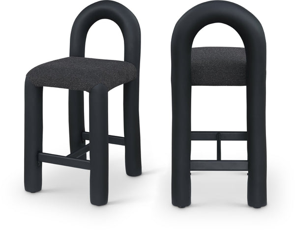 Meridian Furniture Amari Sculptural Open Back Upholstered Counter Stool for Stylish Kitchen Island Seating Black Vegan Leather & Boucle Fabric 11066Black-C