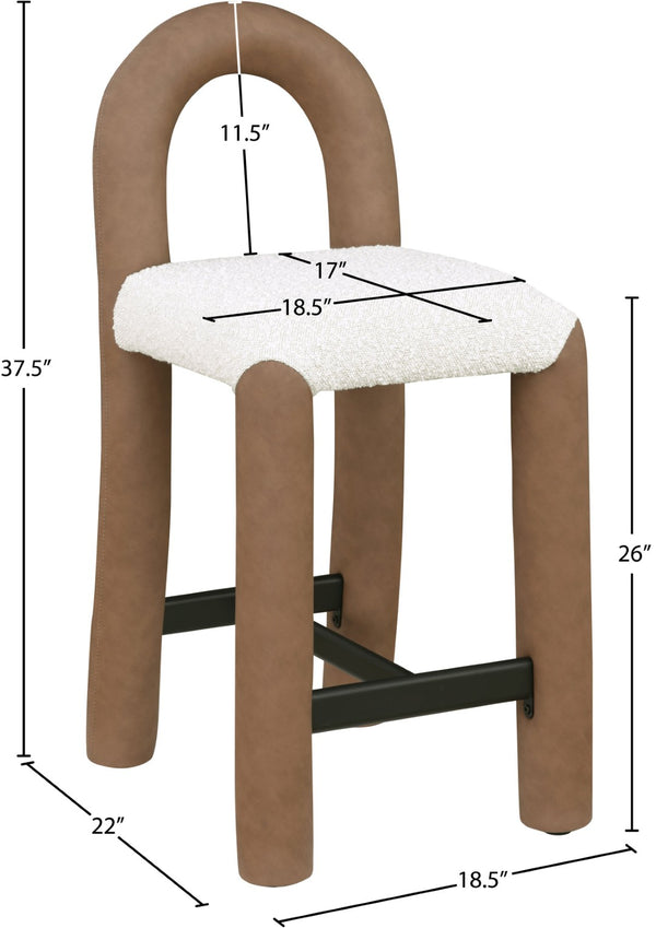 Meridian Furniture Amari Sculptural Open Back Upholstered Counter Stool for Stylish Kitchen Island Seating Brown Vegan Leather & Boucle Fabric 11066Brown-C