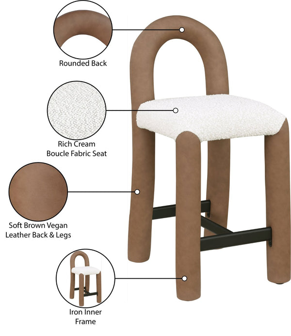 Meridian Furniture Amari Sculptural Open Back Upholstered Counter Stool for Stylish Kitchen Island Seating Brown Vegan Leather & Boucle Fabric 11066Brown-C