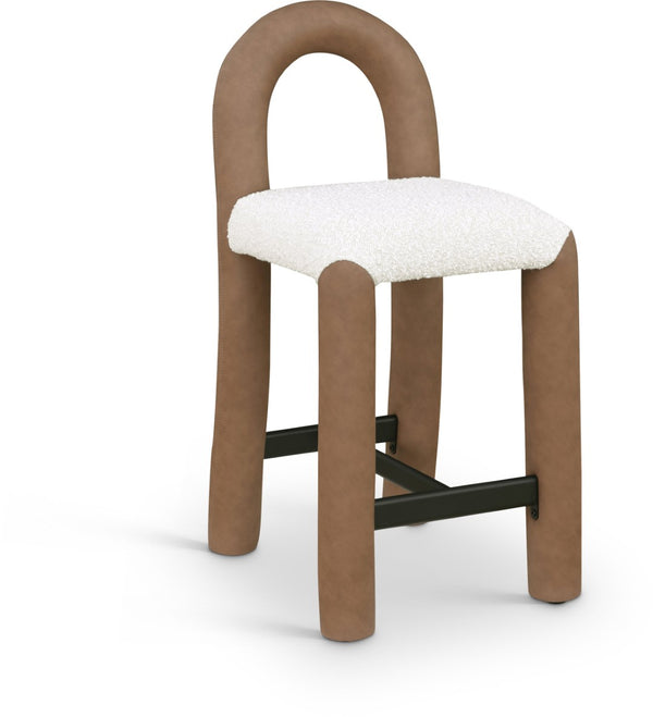Meridian Furniture Amari Sculptural Open Back Upholstered Counter Stool for Stylish Kitchen Island Seating Brown Vegan Leather & Boucle Fabric 11066Brown-C