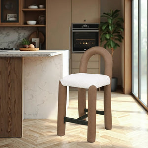 Meridian Furniture Amari Sculptural Open Back Upholstered Counter Stool for Stylish Kitchen Island Seating Brown Vegan Leather & Boucle Fabric 11066Brown-C
