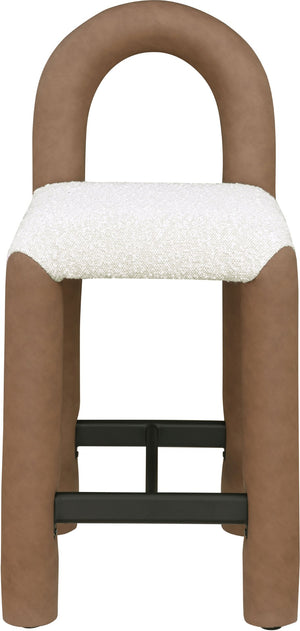 Meridian Furniture Amari Sculptural Open Back Upholstered Counter Stool for Stylish Kitchen Island Seating Brown Vegan Leather & Boucle Fabric 11066Brown-C