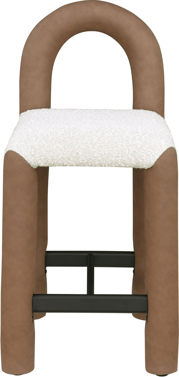 Meridian Furniture Amari Sculptural Open Back Upholstered Counter Stool for Stylish Kitchen Island Seating Brown Vegan Leather & Boucle Fabric 11066Brown-C