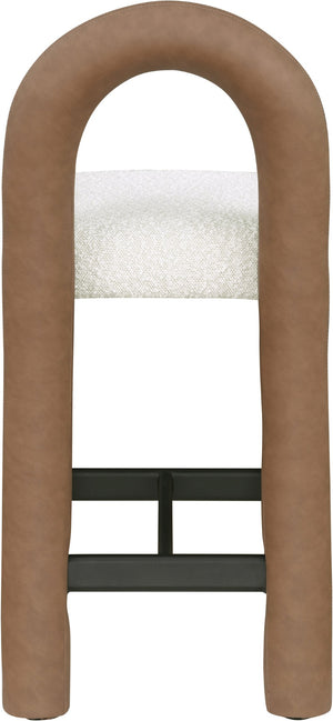Meridian Furniture Amari Sculptural Open Back Upholstered Counter Stool for Stylish Kitchen Island Seating Brown Vegan Leather & Boucle Fabric 11066Brown-C