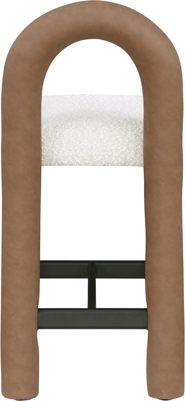 Meridian Furniture Amari Sculptural Open Back Upholstered Counter Stool for Stylish Kitchen Island Seating Brown Vegan Leather & Boucle Fabric 11066Brown-C